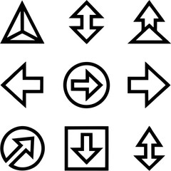 A collection of various black outline arrow and geometric symbols, including directional pointers and abstract shapes, on a white background.
