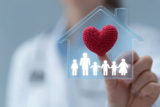 Family Health and Safety Concept: Hand Holds Heart Inside House Outline with Family Figures