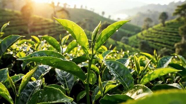 Closeup of Fresh Green Tea Leaves on Tea Plantations in Sri Lanka, Highlighting the Raw Material and Origin.