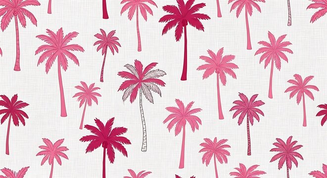 Playful pink palm trees pattern on a white textured background with tropical vibes.