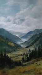 Misty Mountain Valley Landscape Painting with Lush Greenery and Overcast Sky.