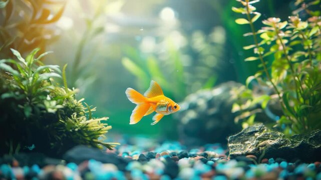 Orange goldfish swimming in vibrant planted aquarium with sunlight filtering through
