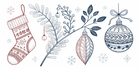 Elegant Christmas sketch with stocking, ornaments, and snowflakes for festive holiday cheer and stylish seasonal designs using vector graphics