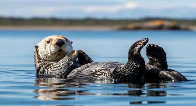 Playful Sea Otter Relaxing in Calm Water with Showing Paw in Sunny Day.