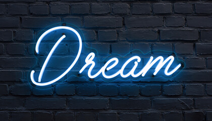 Obraz premium Neon dream sign glowing on brick wall, inspiration and creativity nightlife concept