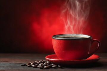 Steaming Red Cup of Coffee with Beans Against a Warm Glowing Red Background on a Rustic Table