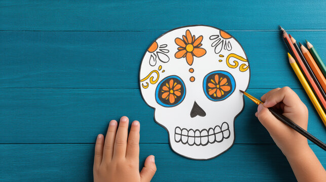 A child decorates a colorful sugar skull on a blue wooden surface, showcasing creativity and traditional art.