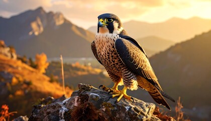A regal raptor poses atop a rock with a mountainous backdrop at sunset