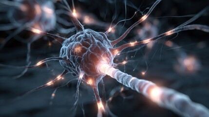 Neural Network Symphony: A detailed macro shot of a neuron firing with electric impulses, showcasing the intricate beauty of the brain's communication pathways.