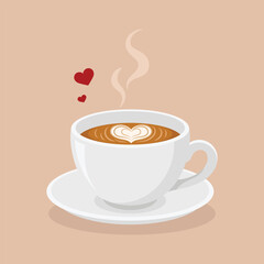 Cup of cappuccino with saucer and little hearts. Breakfast drink vector illustration.