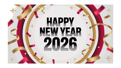 New Year Celebration 2026: A vibrant and festive scene greets the New Year, with glittering confetti and celebratory ribbons swirling around a bold Happy New Year 2026 message.