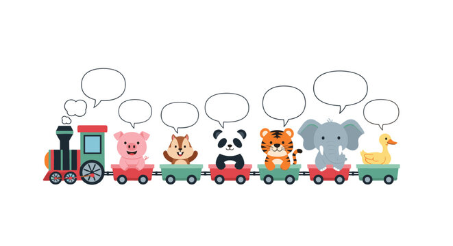 Cute cartoon animals riding a colorful train, each with a blank speech bubble for text, creating a fun and interactive design.