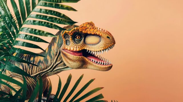 Realistic dinosaur model peeking through green tropical leaves on coral background