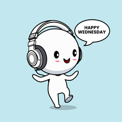 Happy wednesday cartoon character with large headphones suitable for social media posts and presentations. Great for technology or music concepts.