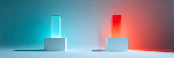 Two abstract glowing light tubes with contrasting blue and red illumination against a gradient background
