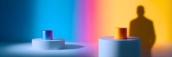 Two minimalist cylinders casting long shadows against a vibrant gradient background of blue yellow and pink