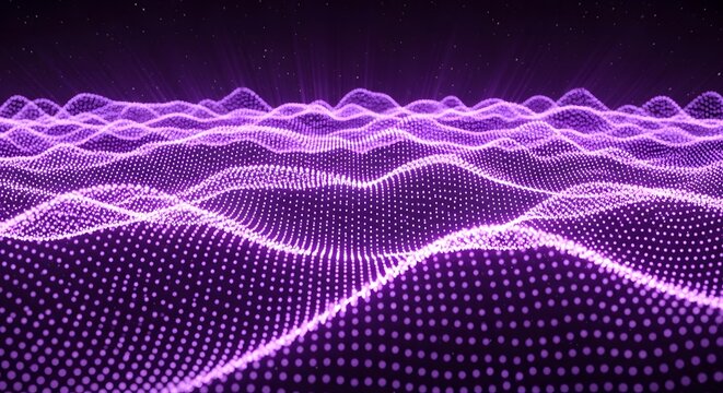 Abstract purple wavy landscape of dots futuristic glowing digital terrain