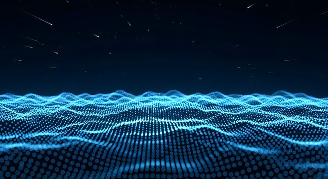 Abstract blue digital wavy landscape with particle effects and dark background - Powered by Adobe