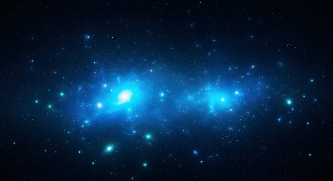 Abstract blue light clusters in a dark space background with scattered particles