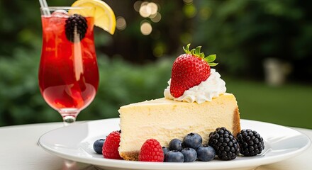 Classic Baked Cheesecake with Fresh Berries and Refreshing Fruit Drink Outside