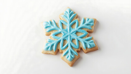 A delicate handcrafted 3D snowflake cookie decorated with intricate blue icing details, showcasing festive winter artistry, holiday design, and beautifully detailed seasonal confectionery craftsmanshi