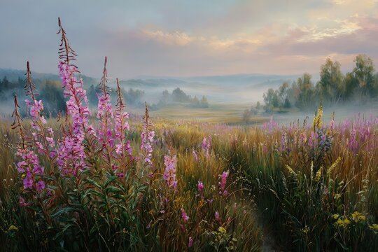 Misty Field Of Pink And Purple Flowers At Sunrise - Powered by Adobe
