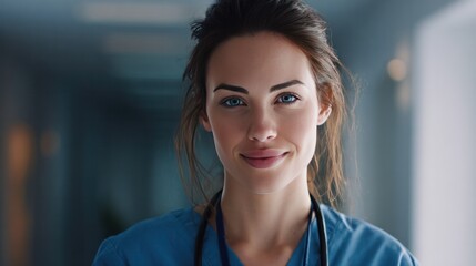Dedicated Caregiver's Gaze: A confident healthcare professional, exuding a sense of empathy and reassurance, gazes directly at the viewer, conveying dedication and expertise in her field. 
