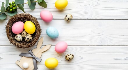 Colorful easter eggs in a nest with a wooden bunny decoration and eucalyptus on a rustic white wooden background, ideal for spring holiday celebrations.