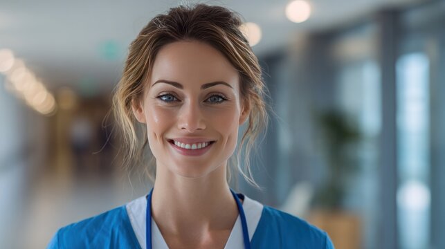 Serene healthcare provider: A skilled medical professional exudes warmth and care, her friendly smile mirroring her dedication to healing, in a brightly lit corridor.