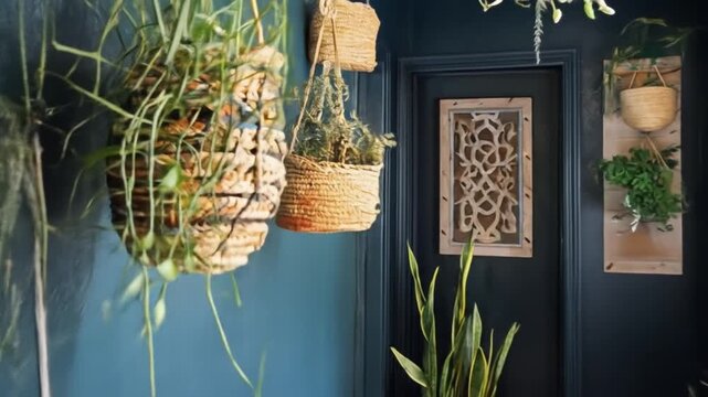Indoor plants in natural baskets decorating dark blue interior wall