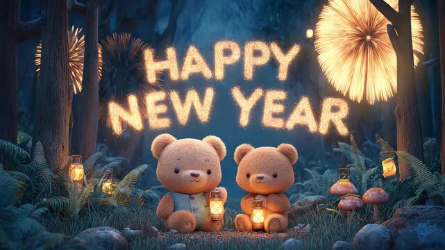 Two cute teddy bears celebrating Happy New Year in a magical forest holding lanterns festive holiday illustration
