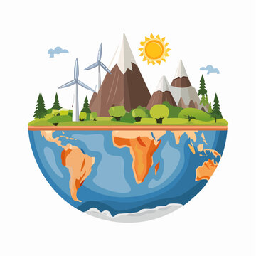Illustrated half-Earth globe with a sustainable green landscape mountains and wind turbines for renewable energy.