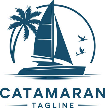 Stylized catamaran with palm tree and birds on tropical water