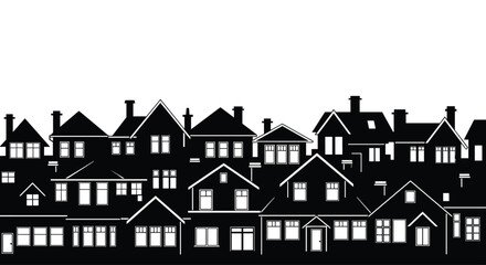 Silhouette seamless border of residential houses, depicting neighborhood, real estate, suburban life, architecture, community, housing development, and town village banner design.