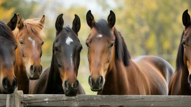 Four horses with varying coat colors looking over fence autumn trees in background