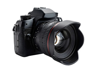 Fototapeta premium A high-resolution black DSLR camera with a wide-angle lens is captured against a stark black background.