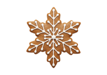 Close-up of a delicious gingerbread snowflake cookie with white icing, isolated on a transparent background