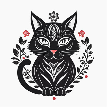 Intricate Black Cat Illustration with Floral and Ornamental Details Sitting Pose.