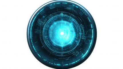 Circular technology interface with glowing blue light in center on transparent background