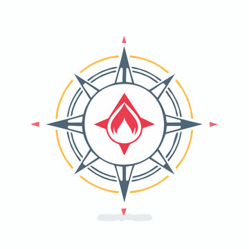 Stylized compass rose icon with a central red flame symbol inside a four-pointed star.