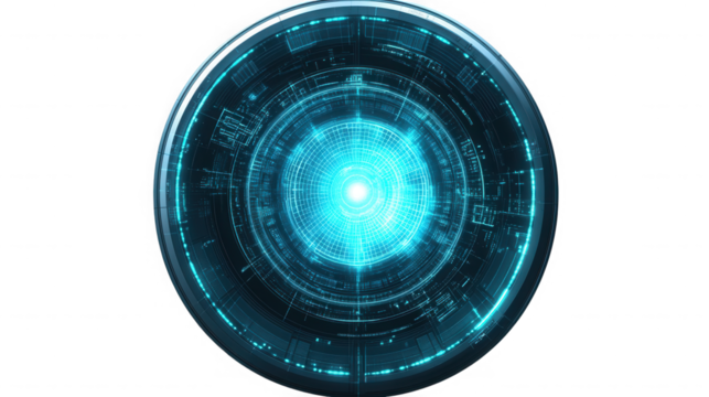 Circular technology interface with glowing blue light in center on transparent background - Powered by Adobe
