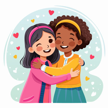 Joyful embrace of two diverse cartoon girls one with dark hair and pink headband the other with curly hair and yellow headband.