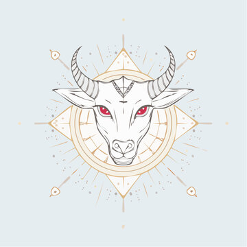 Stylized bull head illustration with striking red eyes textured horns and intricate geometric compass design.