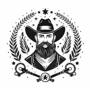 Vector Illustration of a Cowboy with Hat Beard and Keys Black and White.