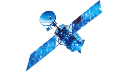 Illustration of a blue satellite in space against black background on transparent background