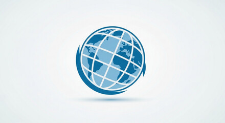 Stylized blue globe icon representing global communication, network, internet, and worldwide connection on a light background