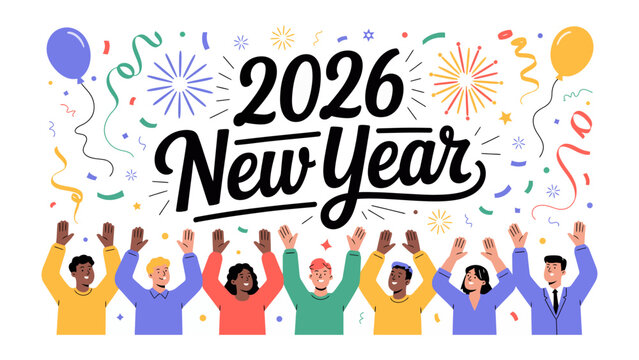 Celebrating 2026 New Year: A vibrant illustration depicts a diverse group of people joyfully welcoming the new year with confetti, balloons and fireworks, symbolizing hope and fresh beginnings.