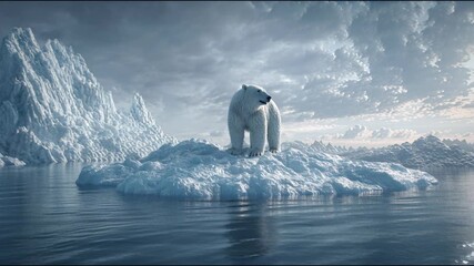 Polar bear walking across a frozen Arctic landscape, Polar bear standing on a drifting ice platform in the Arctic