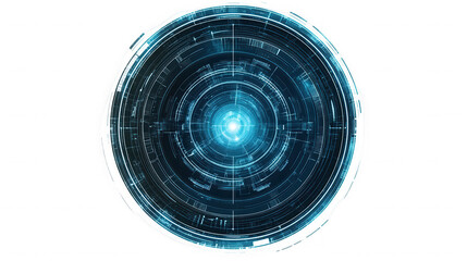 Circular technology interface with glowing center on black background on transparent background