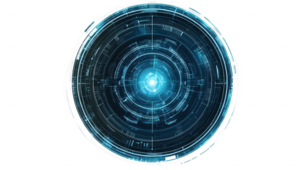 Circular technology interface with glowing center on black background on transparent background